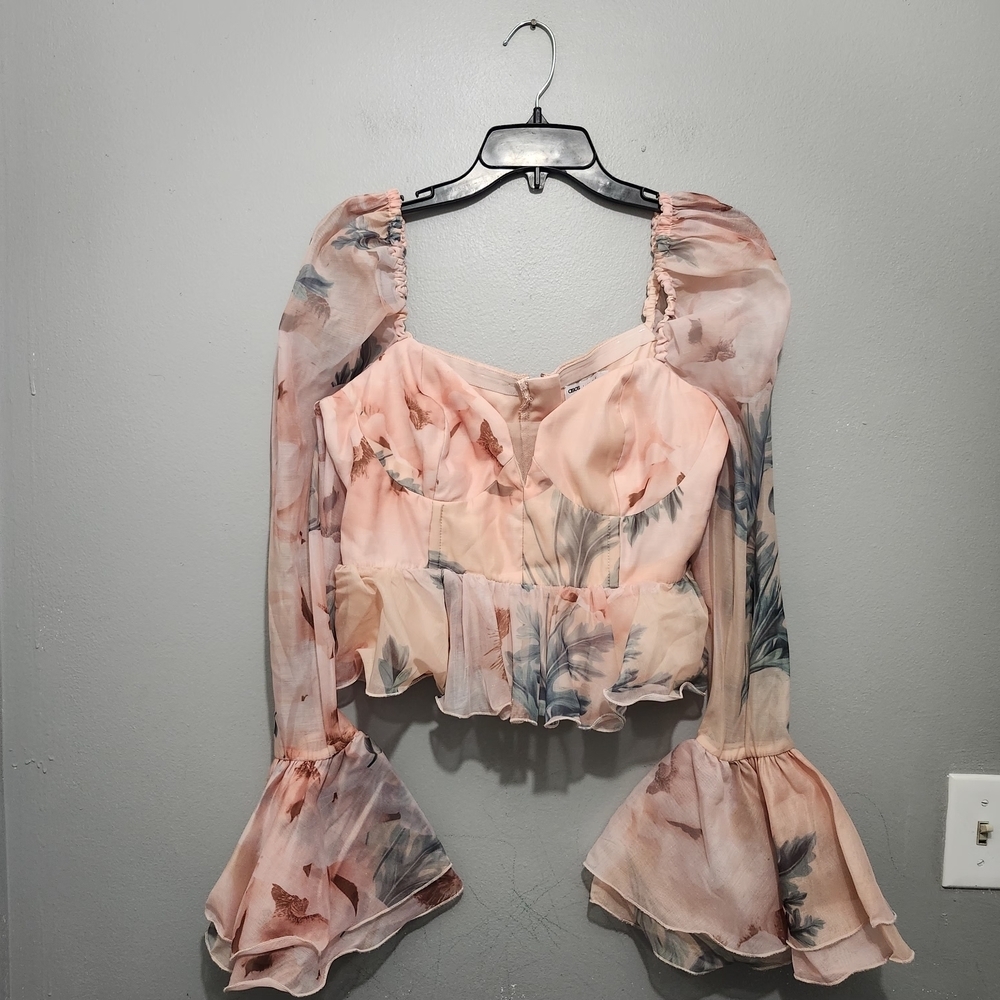 ASOS Floral Cropped Blouse Orange Long Bell Sleeve Size 10